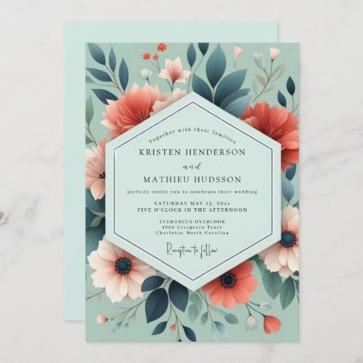 Sage Coral Artful Bloom Wedding 招待状 (正面/裏面)