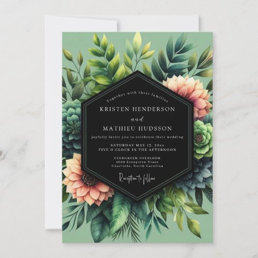 Sage Coral Botanical Wedding 招待状 (正面)