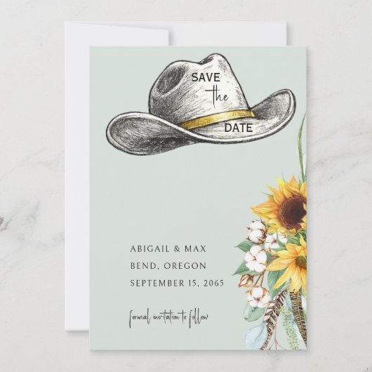 Sage Cowboy Hat Sunflower Wedding Save the Date セーブザデート (正面)