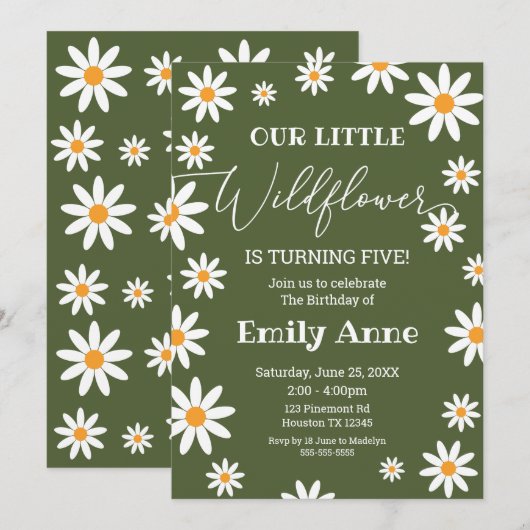 Sage Daisies Wild flower Birthday invitation 招待状 (正面/裏面)