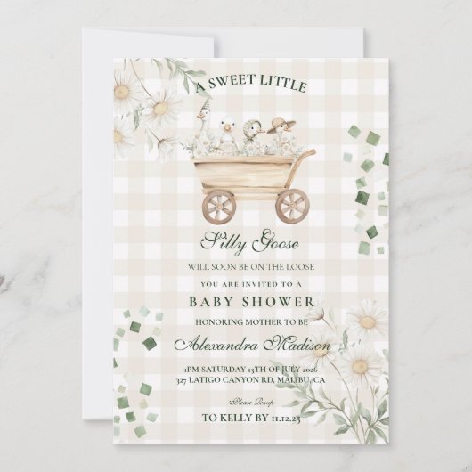Sage Daisy Silly Goose Baby Shower 招待状 (正面)