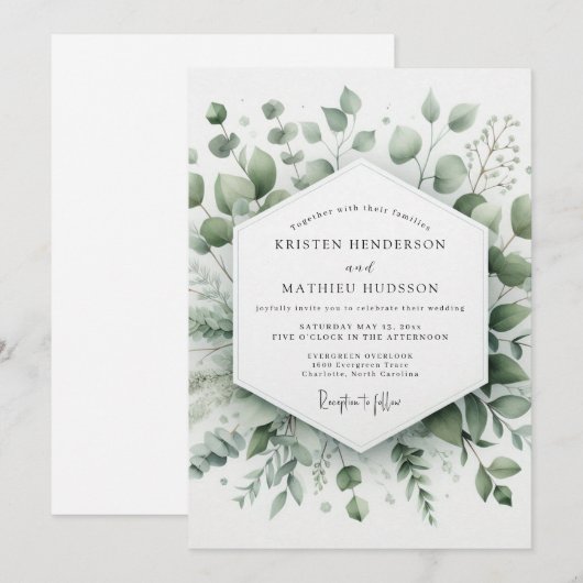 Sage Elegant Greenery Wedding 招待状 (正面/裏面)