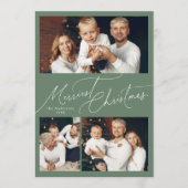 Sage Elegant Script Merry Christmas Family 3 Photo シーズンカード (正面)