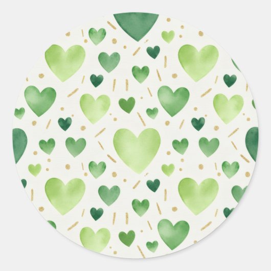 Sage & Emerald Watercolor Hearts with Gold Accents ラウンドシール (正面)