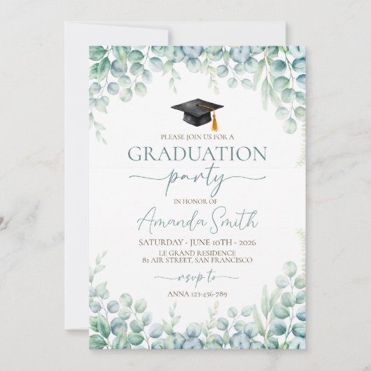 Sage Eucalyptus Border Graduation Invite 招待状 (正面)