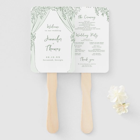 Sage Floral Arch Whimsical Wedding Programs ハンドファン (正面&裏面)