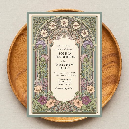 Sage Floral Art Nouveau Wedding Invitation 招待状