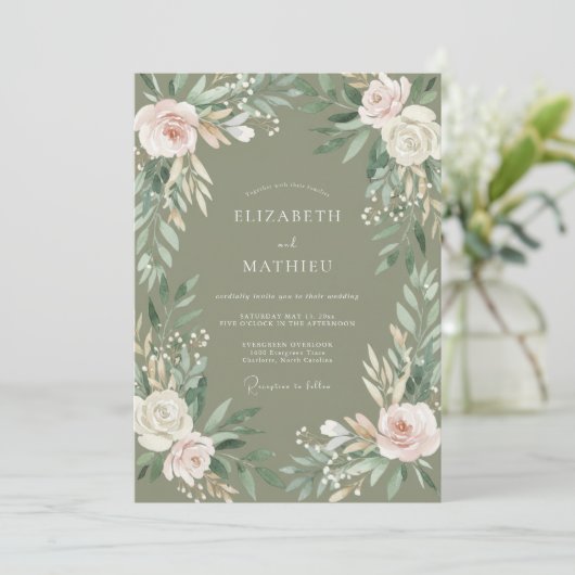 Sage Floral Border Wedding 招待状 (スタンド正面)