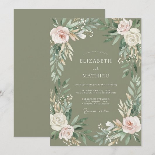Sage Floral Border Wedding 招待状 (正面/裏面)