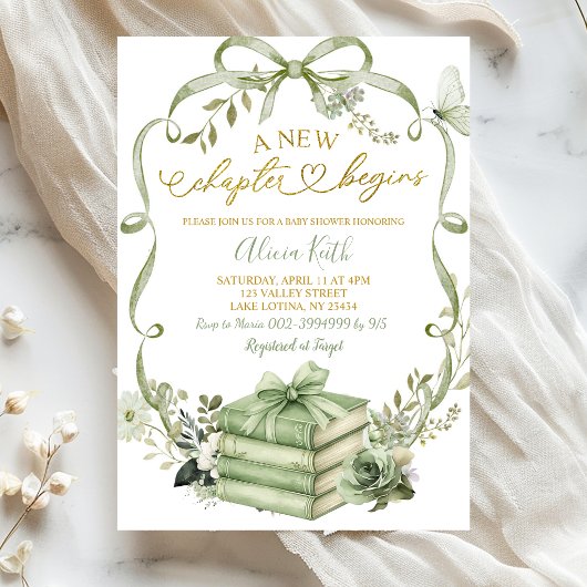 Sage Floral Bow Coquette New Chapter Begins 招待状