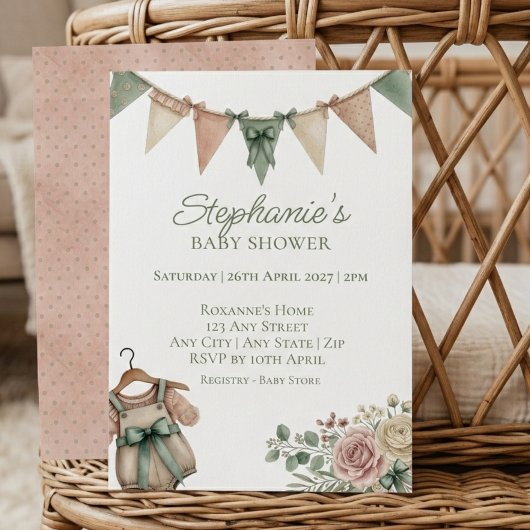 Sage Floral Bunting Baby Shower 招待状