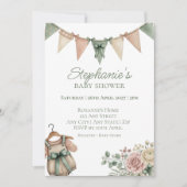 Sage Floral Bunting Baby Shower 招待状 (正面)
