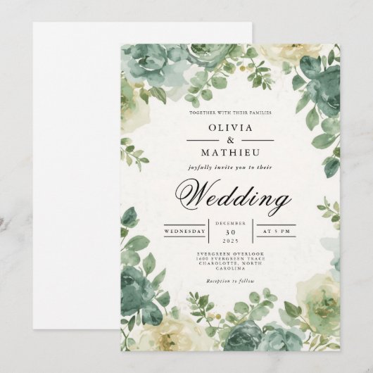 Sage Floral Romanticism Wedding 招待状 (正面/裏面)