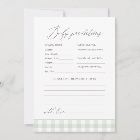 Sage Gingham赤ちゃんシャワー予測とアドバイス 招待状 (正面)