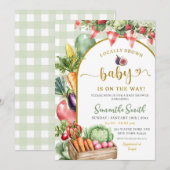 Sage Gingham A little sprout baby shower 招待状 (正面/裏面)