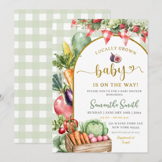 Sage Gingham A little sprout baby shower 招待状 (正面/裏面)