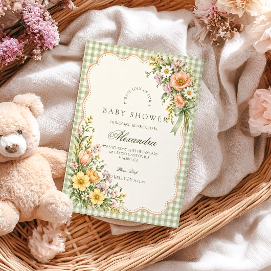 Sage Gingham Baby in Bloom ベビーシャワー 招待状