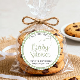 Sage Gingham Baby Shower Favor Sticker ラウンドシール