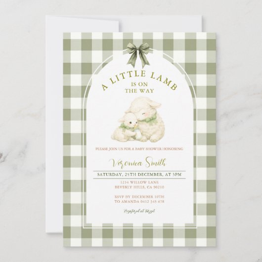 Sage Gingham Bow Little Lamb Baby Shower  招待状 (正面)
