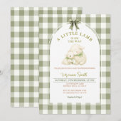 Sage Gingham Bow Little Lamb Baby Shower  招待状 (正面/裏面)
