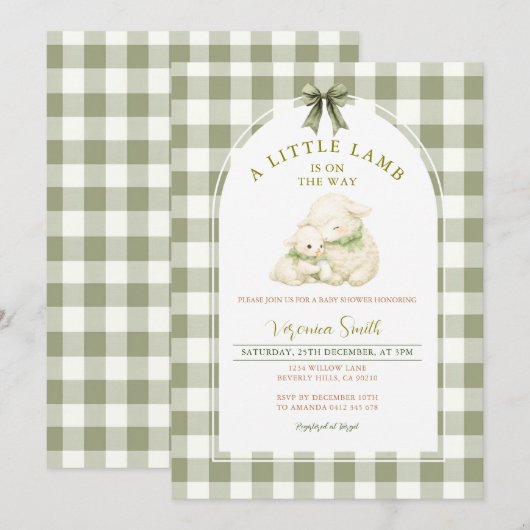 Sage Gingham Bow Little Lamb Baby Shower  招待状 (正面/裏面)