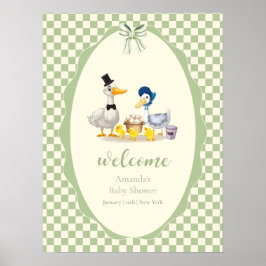 Sage Gingham Duck Family ダックベビーシャワー ウェルカム ポスター