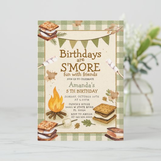 Sage Gingham Fall Camping Bonfire Marshmallow 招待状 (スタンド正面)
