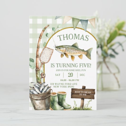 Sage Gingham Fisherman birthday invitation 招待状 (スタンド正面)