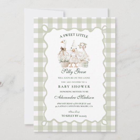 Sage Gingham Silly Goose Baby Shower 招待状 (正面)