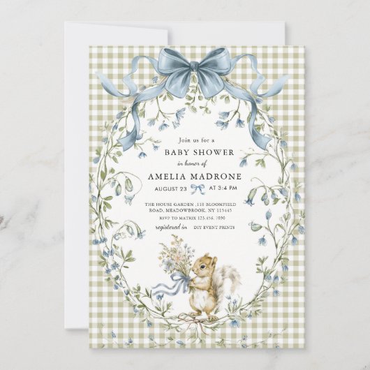 Sage Gingham Woodland Squirrel Baby Shower 招待状 (正面)