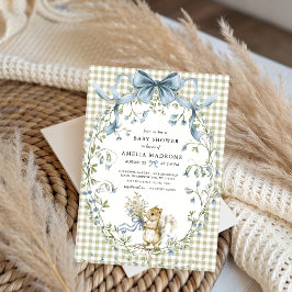 Sage Gingham Woodland Squirrel Baby Shower 招待状