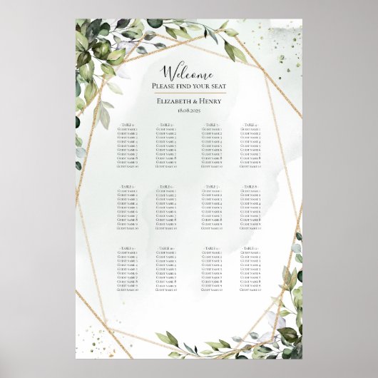 Sage gold eucalyptus boho wedding seating chart ポスター (正面)