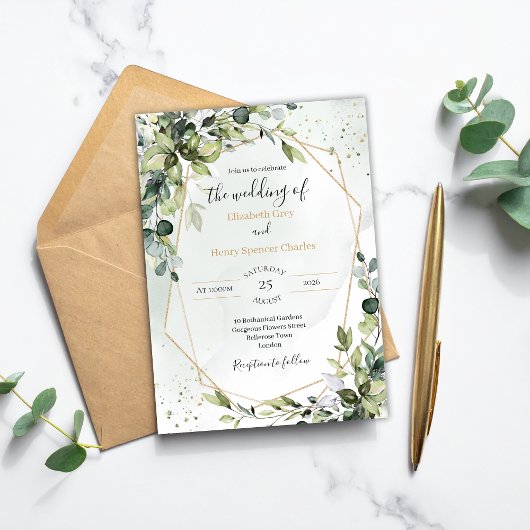 Sage gold eucalyptus geometric A5 wedding invite 招待状