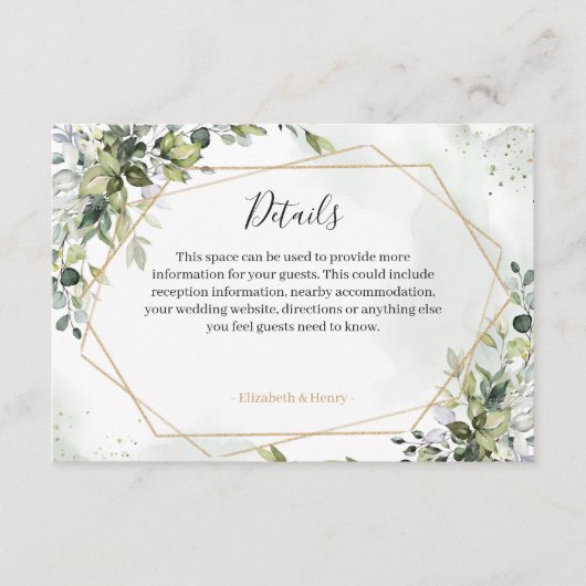 Sage gold eucalyptus geometric wedding detail card エンクロージャーカード (正面)