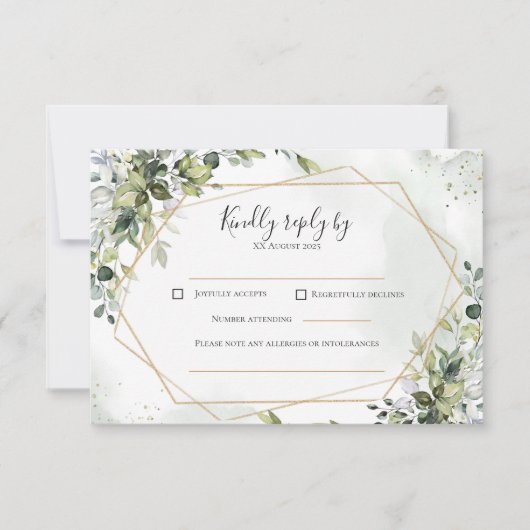 Sage gold eucalyptus geometric wedding RSVP card (正面)