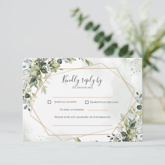 Sage gold eucalyptus geometric wedding RSVP card (スタンド正面)