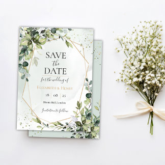 Sage gold eucalyptus geometric wedding save date 招待状