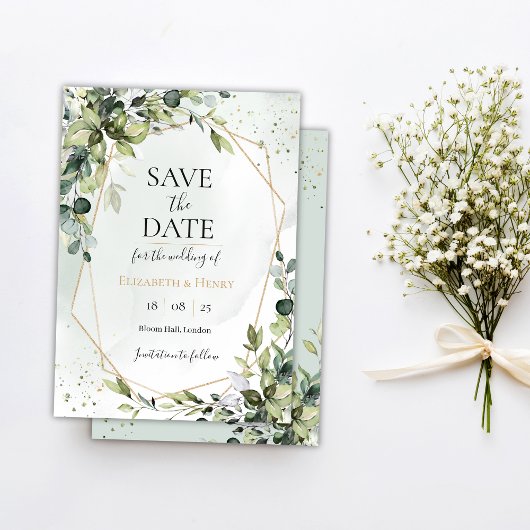 Sage gold eucalyptus geometric wedding save date 招待状