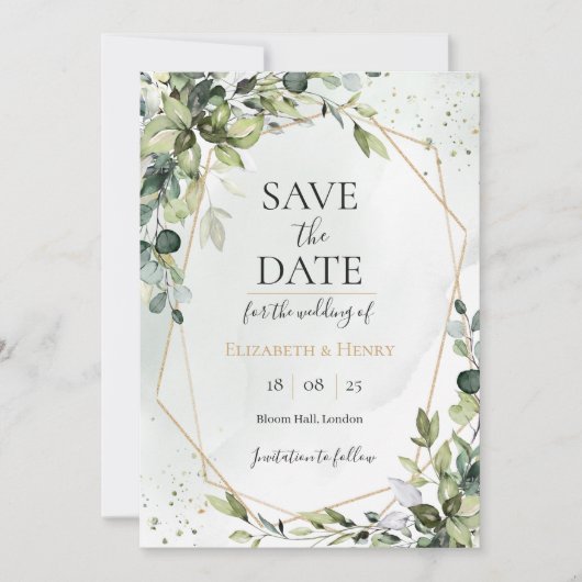 Sage gold eucalyptus geometric wedding save date 招待状 (正面)