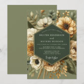 Sage Golden Vintage Bloom Wedding 招待状 (正面/裏面)