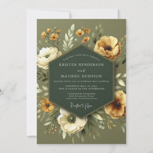 Sage Goldenrod Flora Wedding 招待状 (正面)