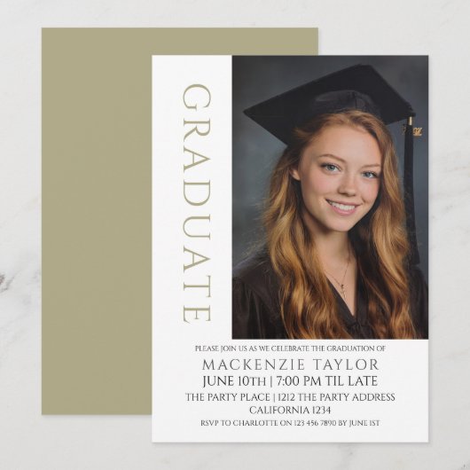 Sage Graduation Modern Photo Template Personalized 招待状 (正面/裏面)