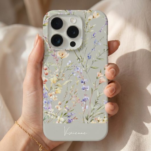 Sage Gray 水彩フラワー iPhoneケース