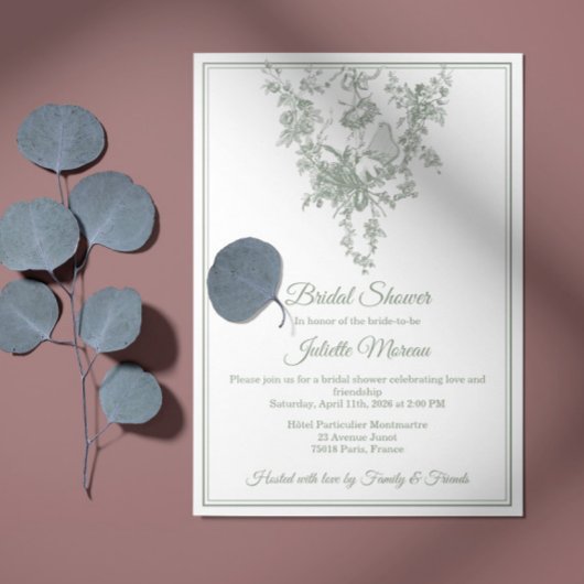 Sage Gray Toile de Jouy Bridal Shower Invitation 招待状