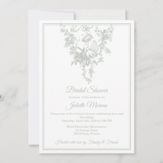 Sage Gray Toile de Jouy Bridal Shower Invitation 招待状 (正面)
