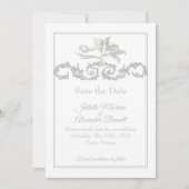 Sage Gray Toile de Jouy Cherub Save the Date Card セーブザデート (正面)