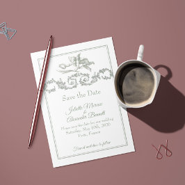 Sage Gray Toile de Jouy Cherub Save the Date Card セーブザデート