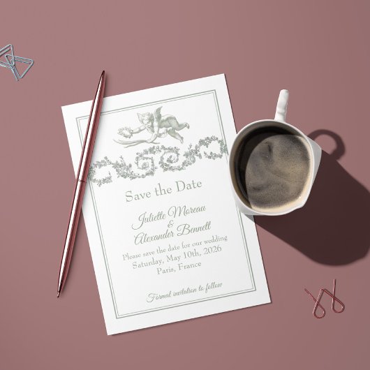 Sage Gray Toile de Jouy Cherub Save the Date Card セーブザデート