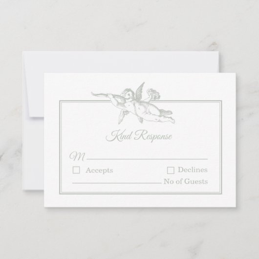Sage Gray Toile de Jouy Cherub Wedding RSVP Card (正面)