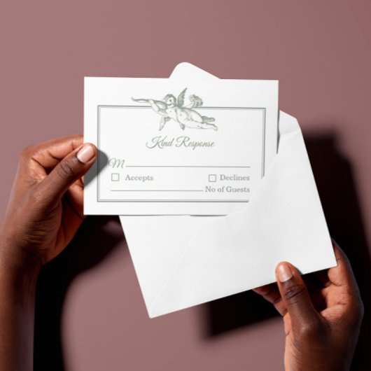 Sage Gray Toile de Jouy Cherub Wedding RSVP Card